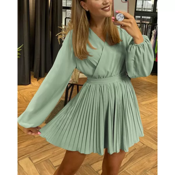imageBTFBM Women Casual Summer Fall Dresses 2023 Boho Wrap V Neck Puff Long Sleeve Cocktail Flowy Pleated ALine Mini DressSolid Light Green