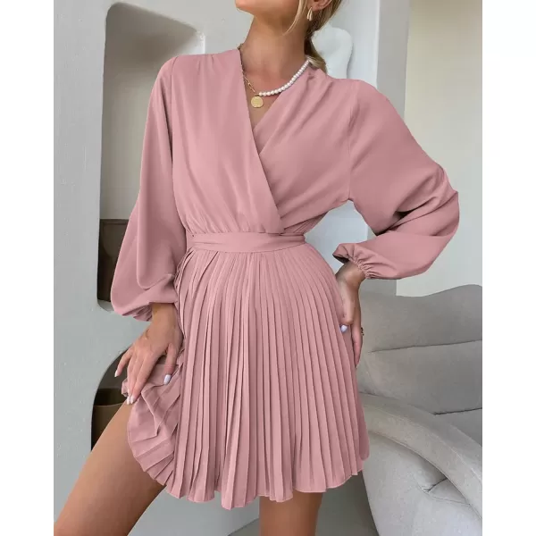 imageBTFBM Women Casual Summer Fall Dresses 2023 Boho Wrap V Neck Puff Long Sleeve Cocktail Flowy Pleated ALine Mini DressSolid Pink