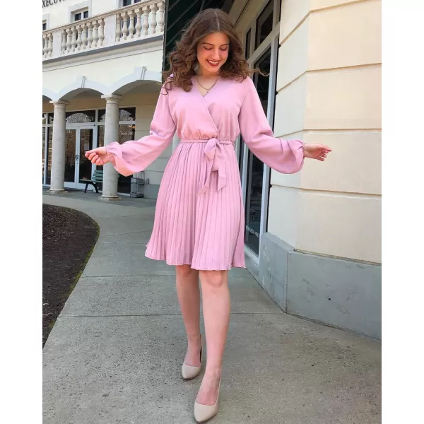 imageBTFBM Women Casual Summer Fall Dresses 2023 Boho Wrap V Neck Puff Long Sleeve Cocktail Flowy Pleated ALine Mini DressSolid Pink