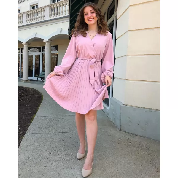 imageBTFBM Women Casual Summer Fall Dresses 2023 Boho Wrap V Neck Puff Long Sleeve Cocktail Flowy Pleated ALine Mini DressSolid Pink