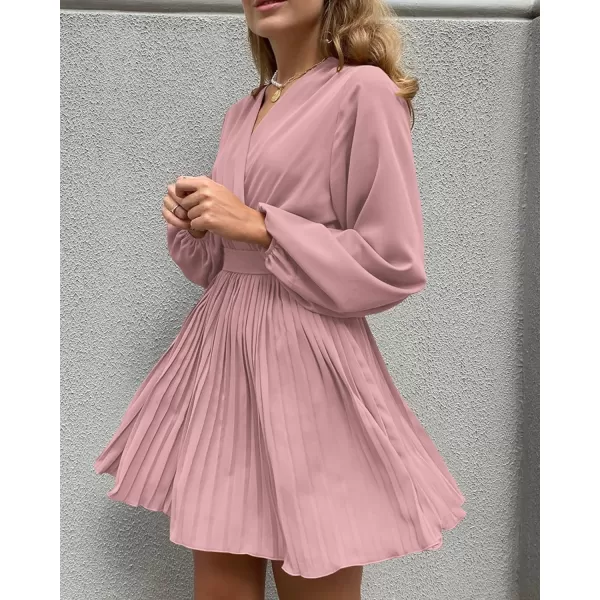 imageBTFBM Women Casual Summer Fall Dresses 2023 Boho Wrap V Neck Puff Long Sleeve Cocktail Flowy Pleated ALine Mini DressSolid Pink