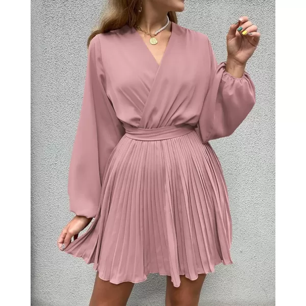 imageBTFBM Women Casual Summer Fall Dresses 2023 Boho Wrap V Neck Puff Long Sleeve Cocktail Flowy Pleated ALine Mini DressSolid Pink