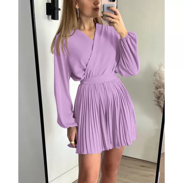 imageBTFBM Women Casual Summer Fall Dresses 2023 Boho Wrap V Neck Puff Long Sleeve Cocktail Flowy Pleated ALine Mini DressSolid Purple