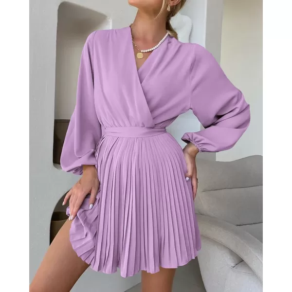imageBTFBM Women Casual Summer Fall Dresses 2023 Boho Wrap V Neck Puff Long Sleeve Cocktail Flowy Pleated ALine Mini DressSolid Purple