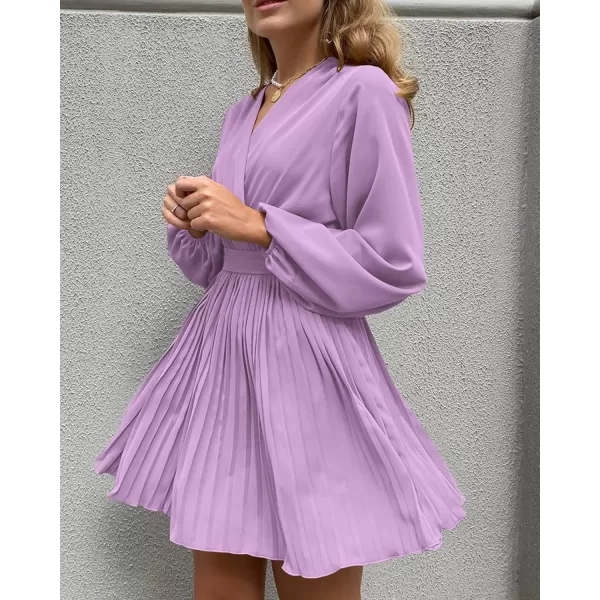 imageBTFBM Women Casual Summer Fall Dresses 2023 Boho Wrap V Neck Puff Long Sleeve Cocktail Flowy Pleated ALine Mini DressSolid Purple