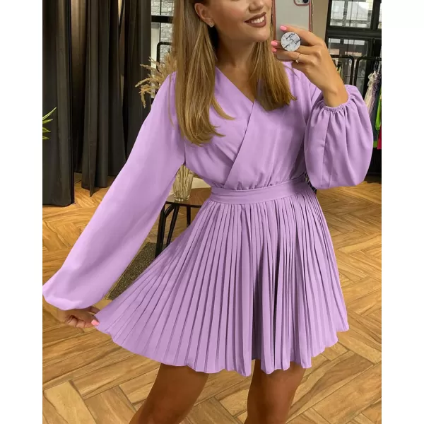 imageBTFBM Women Casual Summer Fall Dresses 2023 Boho Wrap V Neck Puff Long Sleeve Cocktail Flowy Pleated ALine Mini DressSolid Purple