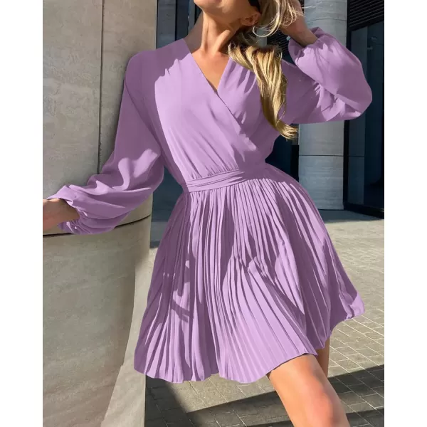 imageBTFBM Women Casual Summer Fall Dresses 2023 Boho Wrap V Neck Puff Long Sleeve Cocktail Flowy Pleated ALine Mini DressSolid Purple