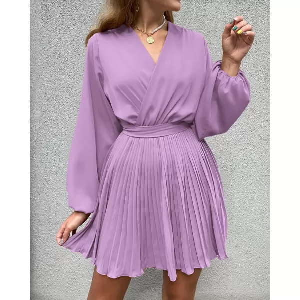 imageBTFBM Women Casual Summer Fall Dresses 2023 Boho Wrap V Neck Puff Long Sleeve Cocktail Flowy Pleated ALine Mini DressSolid Purple