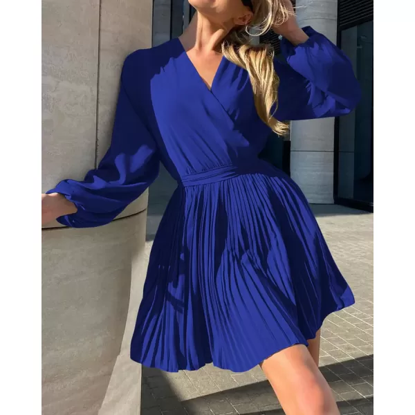 imageBTFBM Women Casual Summer Fall Dresses 2023 Boho Wrap V Neck Puff Long Sleeve Cocktail Flowy Pleated ALine Mini DressSolid Royal Blue