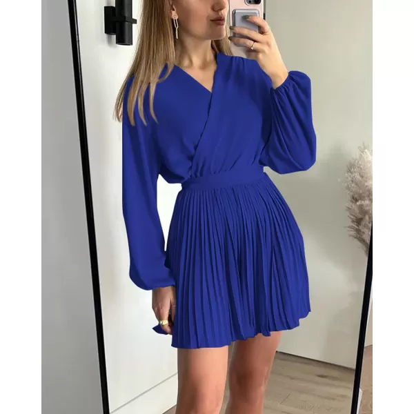 imageBTFBM Women Casual Summer Fall Dresses 2023 Boho Wrap V Neck Puff Long Sleeve Cocktail Flowy Pleated ALine Mini DressSolid Royal Blue