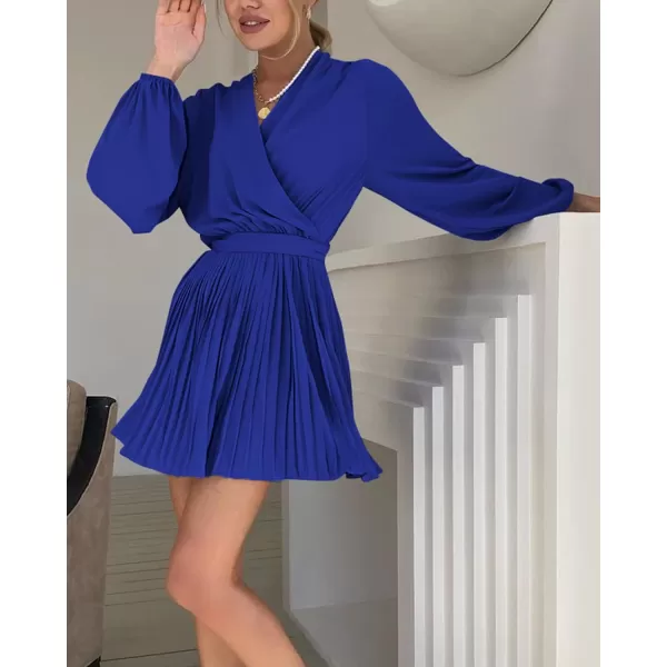 imageBTFBM Women Casual Summer Fall Dresses 2023 Boho Wrap V Neck Puff Long Sleeve Cocktail Flowy Pleated ALine Mini DressSolid Royal Blue