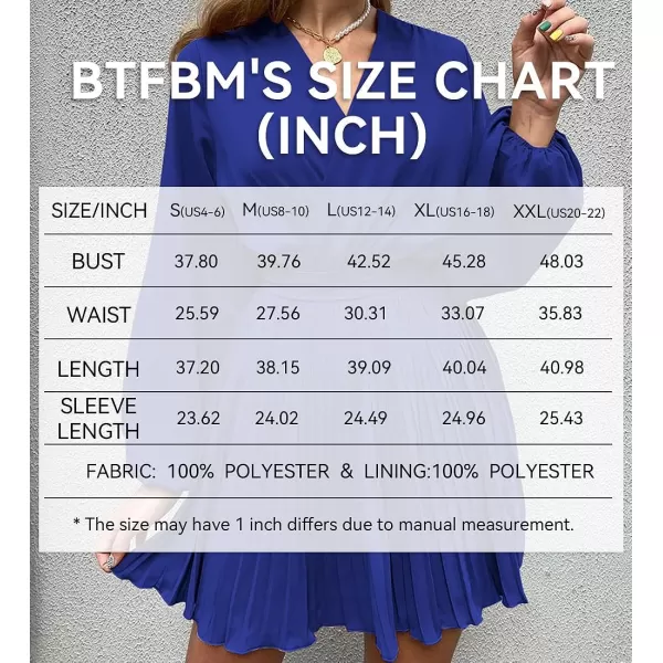 imageBTFBM Women Casual Summer Fall Dresses 2023 Boho Wrap V Neck Puff Long Sleeve Cocktail Flowy Pleated ALine Mini DressSolid Royal Blue