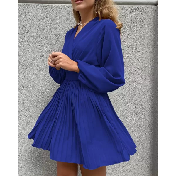 imageBTFBM Women Casual Summer Fall Dresses 2023 Boho Wrap V Neck Puff Long Sleeve Cocktail Flowy Pleated ALine Mini DressSolid Royal Blue
