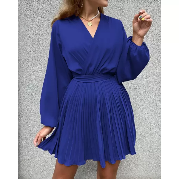 imageBTFBM Women Casual Summer Fall Dresses 2023 Boho Wrap V Neck Puff Long Sleeve Cocktail Flowy Pleated ALine Mini DressSolid Royal Blue
