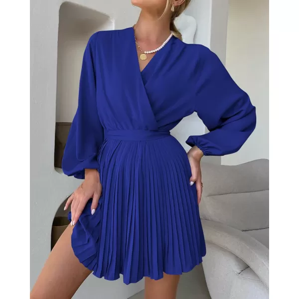 imageBTFBM Women Casual Summer Fall Dresses 2023 Boho Wrap V Neck Puff Long Sleeve Cocktail Flowy Pleated ALine Mini DressSolid Royal Blue