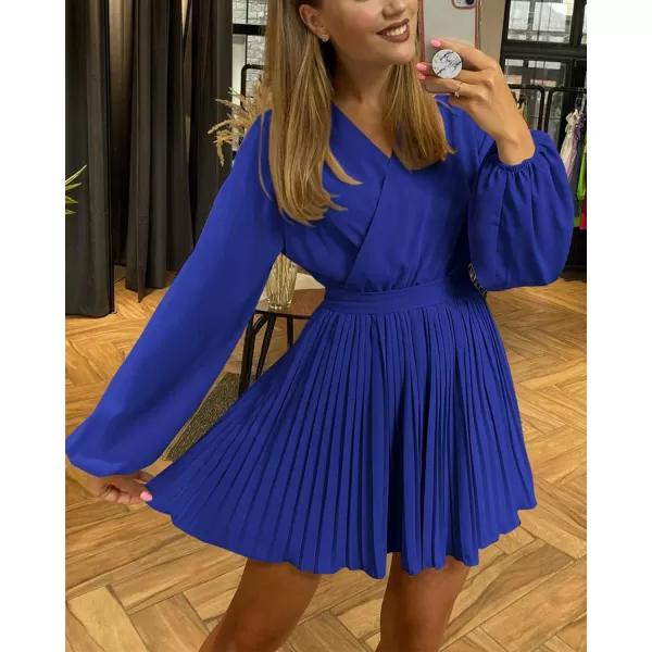 imageBTFBM Women Casual Summer Fall Dresses 2023 Boho Wrap V Neck Puff Long Sleeve Cocktail Flowy Pleated ALine Mini DressSolid Royal Blue