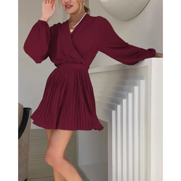 imageBTFBM Women Casual Summer Fall Dresses 2023 Boho Wrap V Neck Puff Long Sleeve Cocktail Flowy Pleated ALine Mini DressSolid Wine Red