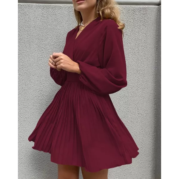 imageBTFBM Women Casual Summer Fall Dresses 2023 Boho Wrap V Neck Puff Long Sleeve Cocktail Flowy Pleated ALine Mini DressSolid Wine Red