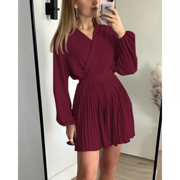 imageBTFBM Women Casual Summer Fall Dresses 2023 Boho Wrap V Neck Puff Long Sleeve Cocktail Flowy Pleated ALine Mini DressSolid Wine Red
