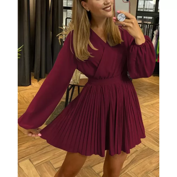 imageBTFBM Women Casual Summer Fall Dresses 2023 Boho Wrap V Neck Puff Long Sleeve Cocktail Flowy Pleated ALine Mini DressSolid Wine Red