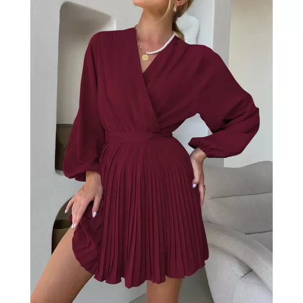 imageBTFBM Women Casual Summer Fall Dresses 2023 Boho Wrap V Neck Puff Long Sleeve Cocktail Flowy Pleated ALine Mini DressSolid Wine Red