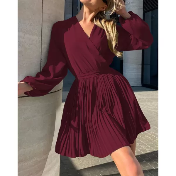 imageBTFBM Women Casual Summer Fall Dresses 2023 Boho Wrap V Neck Puff Long Sleeve Cocktail Flowy Pleated ALine Mini DressSolid Wine Red