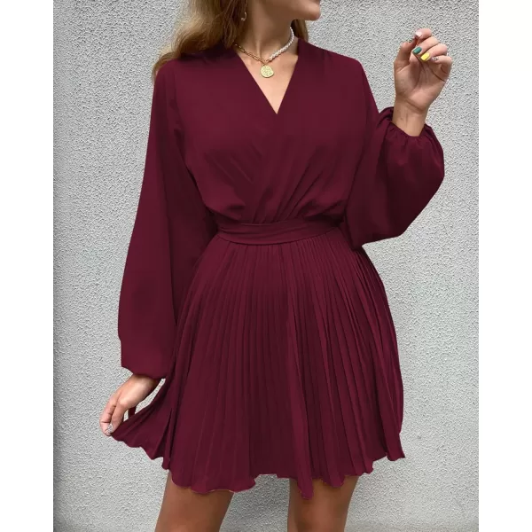 imageBTFBM Women Casual Summer Fall Dresses 2023 Boho Wrap V Neck Puff Long Sleeve Cocktail Flowy Pleated ALine Mini DressSolid Wine Red
