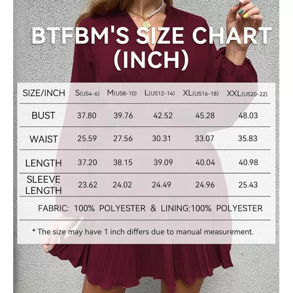 imageBTFBM Women Casual Summer Fall Dresses 2023 Boho Wrap V Neck Puff Long Sleeve Cocktail Flowy Pleated ALine Mini DressSolid Wine Red