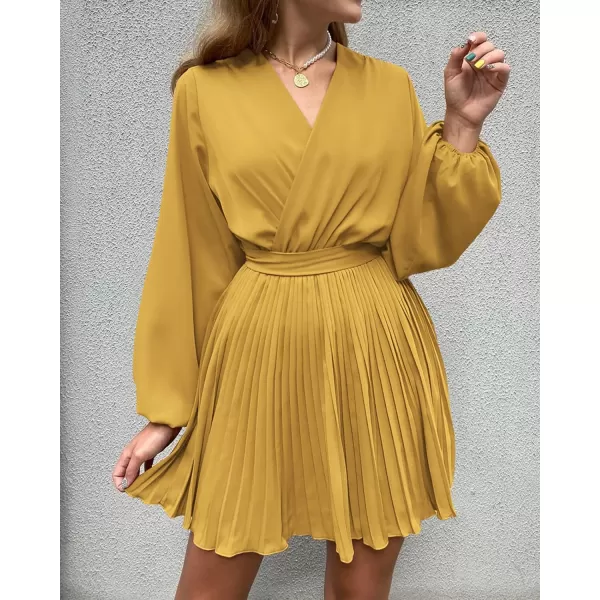 imageBTFBM Women Casual Summer Fall Dresses 2023 Boho Wrap V Neck Puff Long Sleeve Cocktail Flowy Pleated ALine Mini DressSolid Yellow