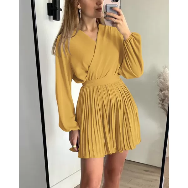 imageBTFBM Women Casual Summer Fall Dresses 2023 Boho Wrap V Neck Puff Long Sleeve Cocktail Flowy Pleated ALine Mini DressSolid Yellow