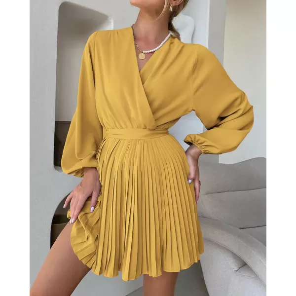 imageBTFBM Women Casual Summer Fall Dresses 2023 Boho Wrap V Neck Puff Long Sleeve Cocktail Flowy Pleated ALine Mini DressSolid Yellow