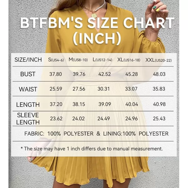 imageBTFBM Women Casual Summer Fall Dresses 2023 Boho Wrap V Neck Puff Long Sleeve Cocktail Flowy Pleated ALine Mini DressSolid Yellow