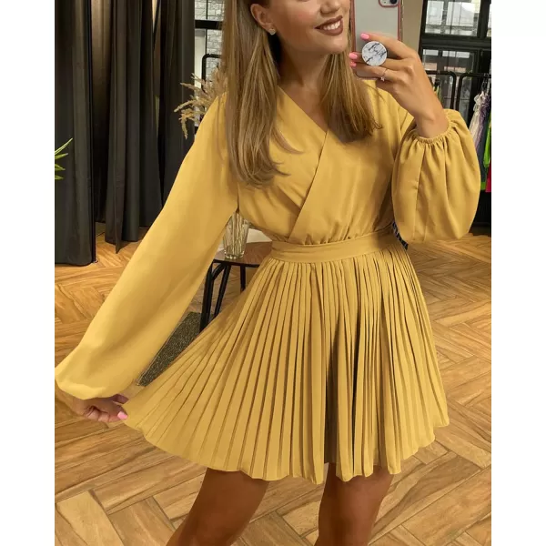 imageBTFBM Women Casual Summer Fall Dresses 2023 Boho Wrap V Neck Puff Long Sleeve Cocktail Flowy Pleated ALine Mini DressSolid Yellow
