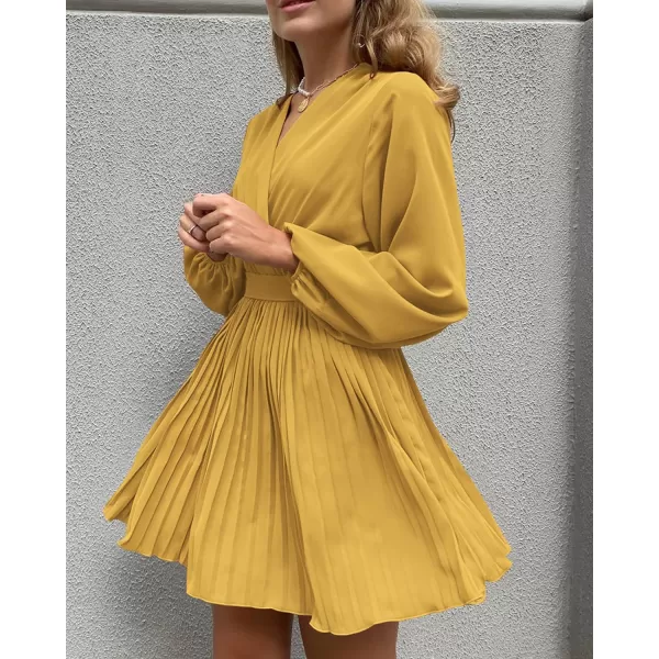 imageBTFBM Women Casual Summer Fall Dresses 2023 Boho Wrap V Neck Puff Long Sleeve Cocktail Flowy Pleated ALine Mini DressSolid Yellow