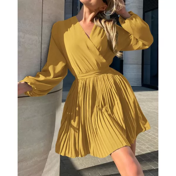imageBTFBM Women Casual Summer Fall Dresses 2023 Boho Wrap V Neck Puff Long Sleeve Cocktail Flowy Pleated ALine Mini DressSolid Yellow