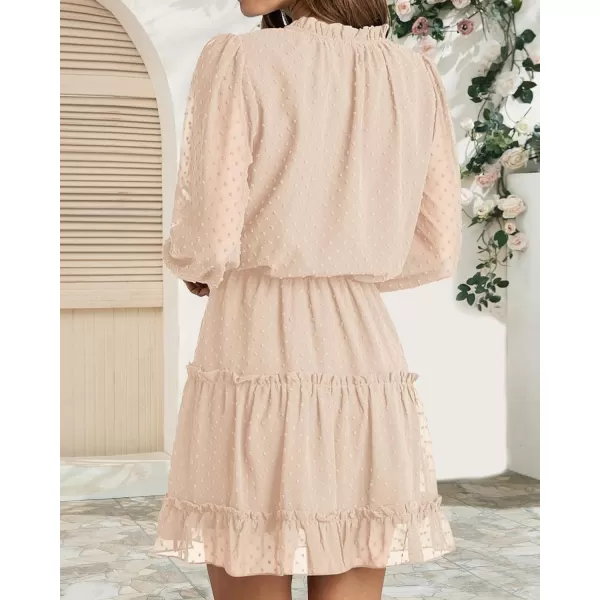 imageBTFBM Women Casual Summer Fall Dresses Tie V Neck Long Sleeve High Waist Ruffle Tiered A Line Swing Tunic Mini DressDot Apricot