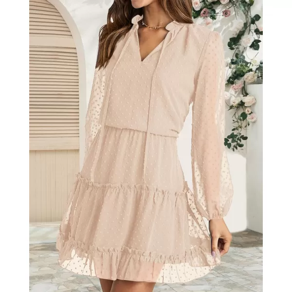 imageBTFBM Women Casual Summer Fall Dresses Tie V Neck Long Sleeve High Waist Ruffle Tiered A Line Swing Tunic Mini DressDot Apricot