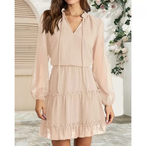 imageBTFBM Women Casual Summer Fall Dresses Tie V Neck Long Sleeve High Waist Ruffle Tiered A Line Swing Tunic Mini DressDot Apricot