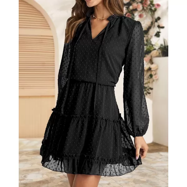 imageBTFBM Women Casual Summer Fall Dresses Tie V Neck Long Sleeve High Waist Ruffle Tiered A Line Swing Tunic Mini DressDot Black