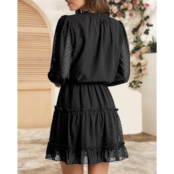 imageBTFBM Women Casual Summer Fall Dresses Tie V Neck Long Sleeve High Waist Ruffle Tiered A Line Swing Tunic Mini DressDot Black