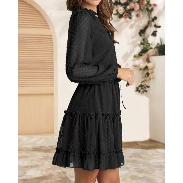 imageBTFBM Women Casual Summer Fall Dresses Tie V Neck Long Sleeve High Waist Ruffle Tiered A Line Swing Tunic Mini DressDot Black
