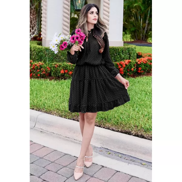 imageBTFBM Women Casual Summer Fall Dresses Tie V Neck Long Sleeve High Waist Ruffle Tiered A Line Swing Tunic Mini DressDot Black