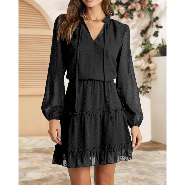 imageBTFBM Women Casual Summer Fall Dresses Tie V Neck Long Sleeve High Waist Ruffle Tiered A Line Swing Tunic Mini DressDot Black