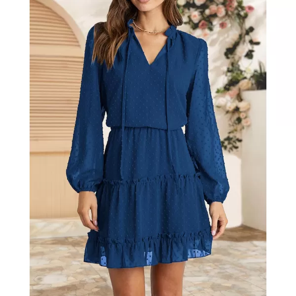 imageBTFBM Women Casual Summer Fall Dresses Tie V Neck Long Sleeve High Waist Ruffle Tiered A Line Swing Tunic Mini DressDot Dark Blue