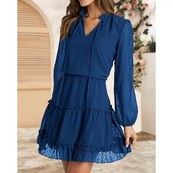 imageBTFBM Women Casual Summer Fall Dresses Tie V Neck Long Sleeve High Waist Ruffle Tiered A Line Swing Tunic Mini DressDot Dark Blue