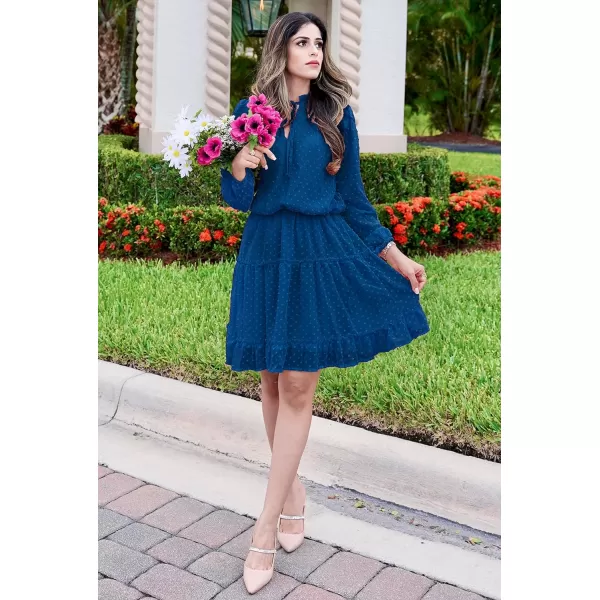 imageBTFBM Women Casual Summer Fall Dresses Tie V Neck Long Sleeve High Waist Ruffle Tiered A Line Swing Tunic Mini DressDot Dark Blue