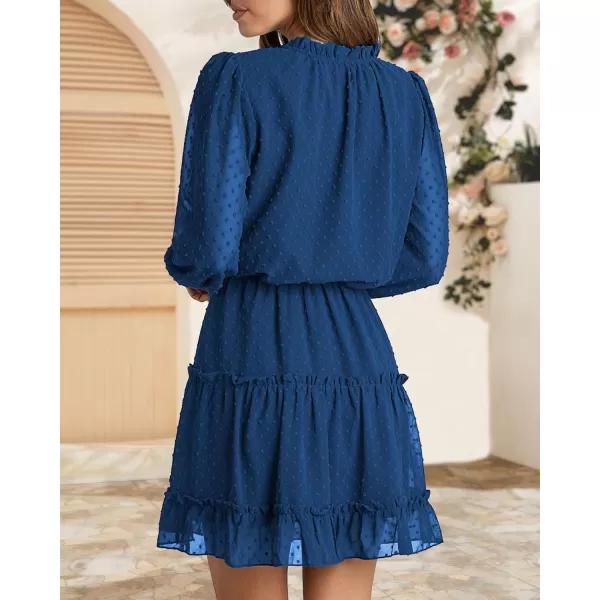imageBTFBM Women Casual Summer Fall Dresses Tie V Neck Long Sleeve High Waist Ruffle Tiered A Line Swing Tunic Mini DressDot Dark Blue
