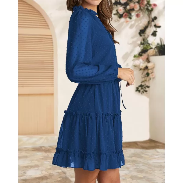 imageBTFBM Women Casual Summer Fall Dresses Tie V Neck Long Sleeve High Waist Ruffle Tiered A Line Swing Tunic Mini DressDot Dark Blue