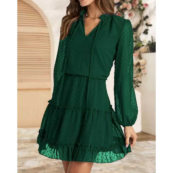 imageBTFBM Women Casual Summer Fall Dresses Tie V Neck Long Sleeve High Waist Ruffle Tiered A Line Swing Tunic Mini DressDot Dark Green