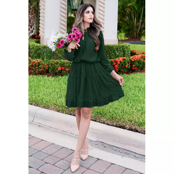 imageBTFBM Women Casual Summer Fall Dresses Tie V Neck Long Sleeve High Waist Ruffle Tiered A Line Swing Tunic Mini DressDot Dark Green